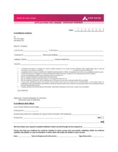 Axis Bank Aadhaar Linking Request Form Download in PDF