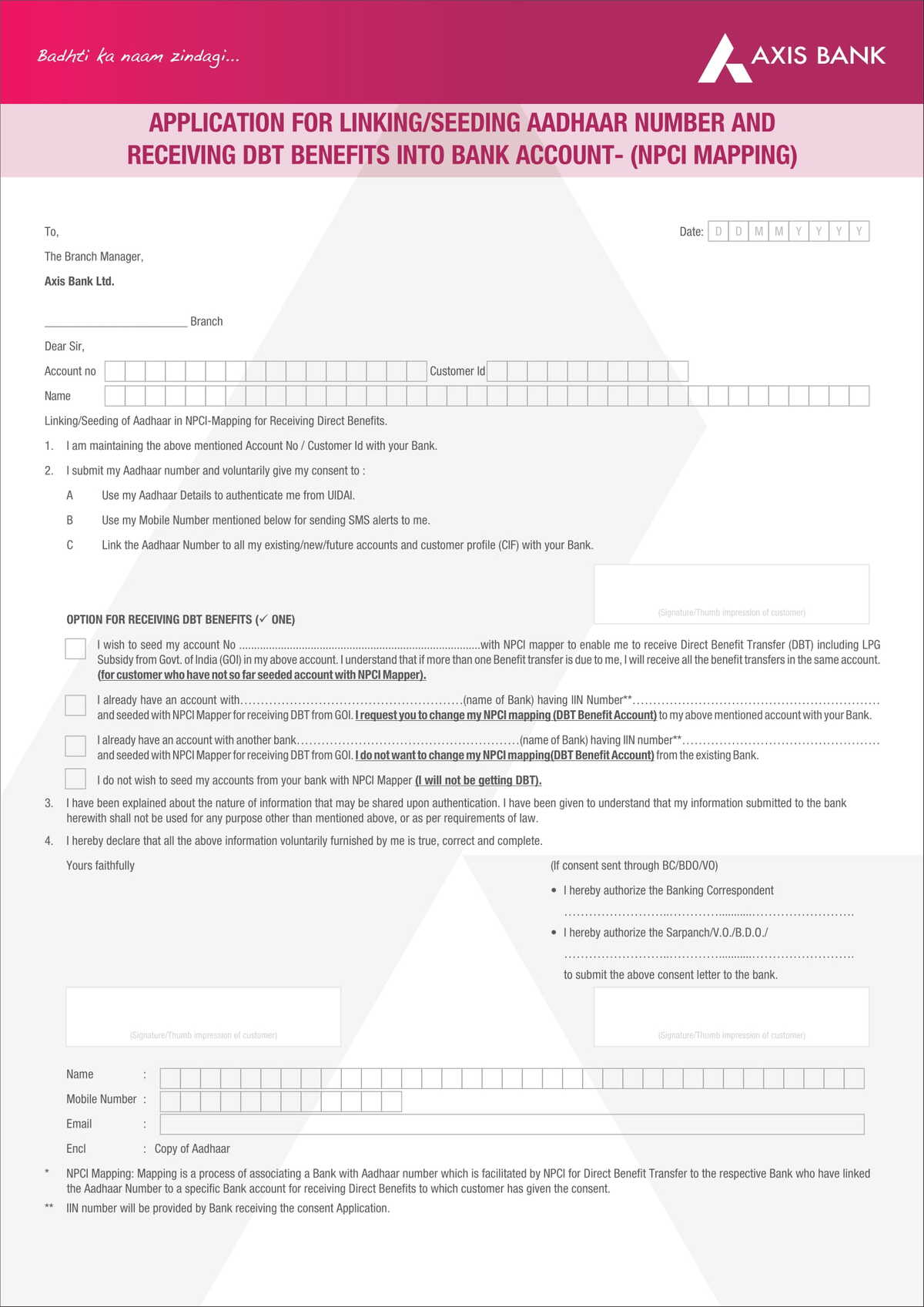 Axis Bank Aadhaar Seeding Form Download in PDF-1