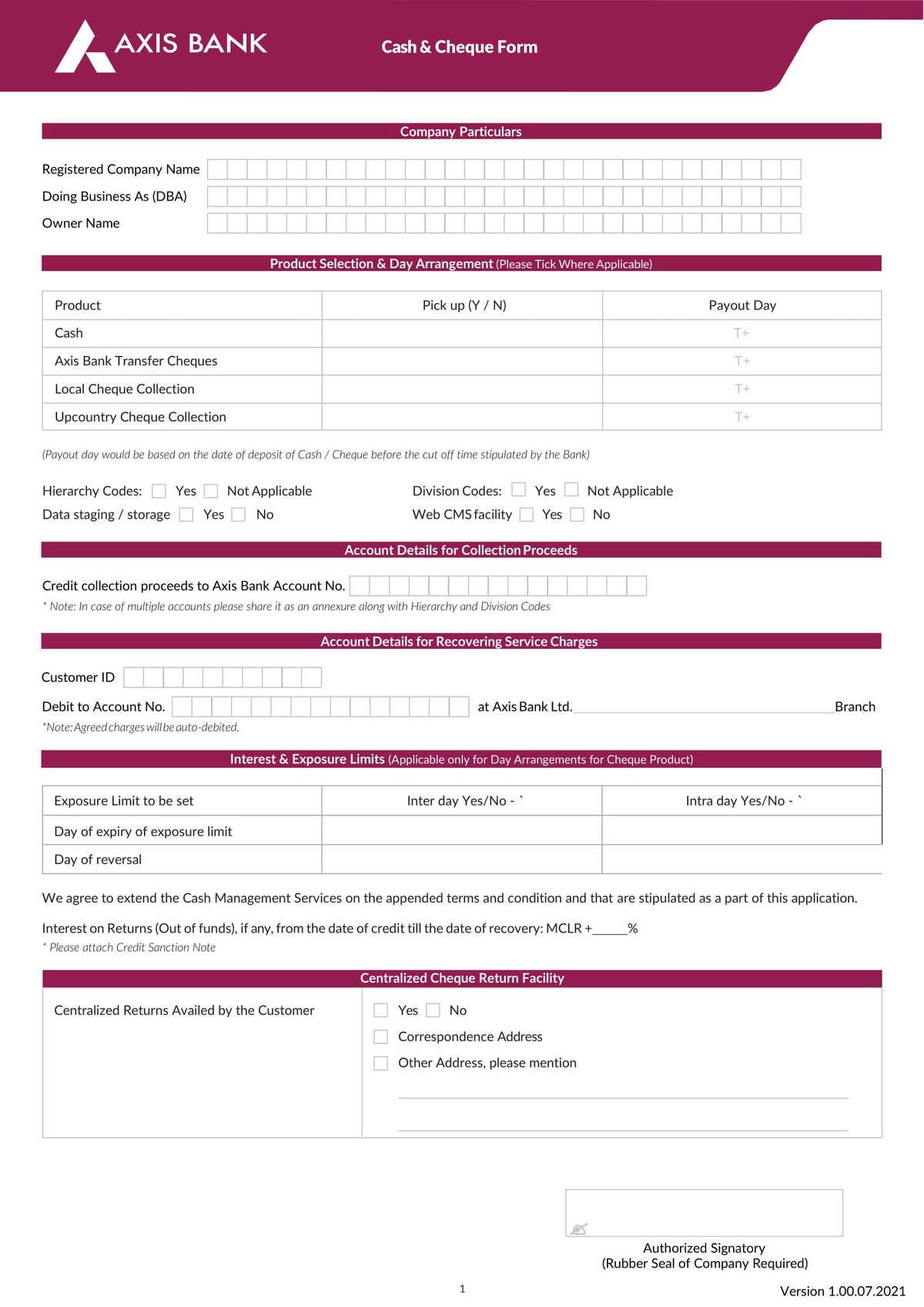 Axis Bank Cash and Cheque Application Form Download in PDF