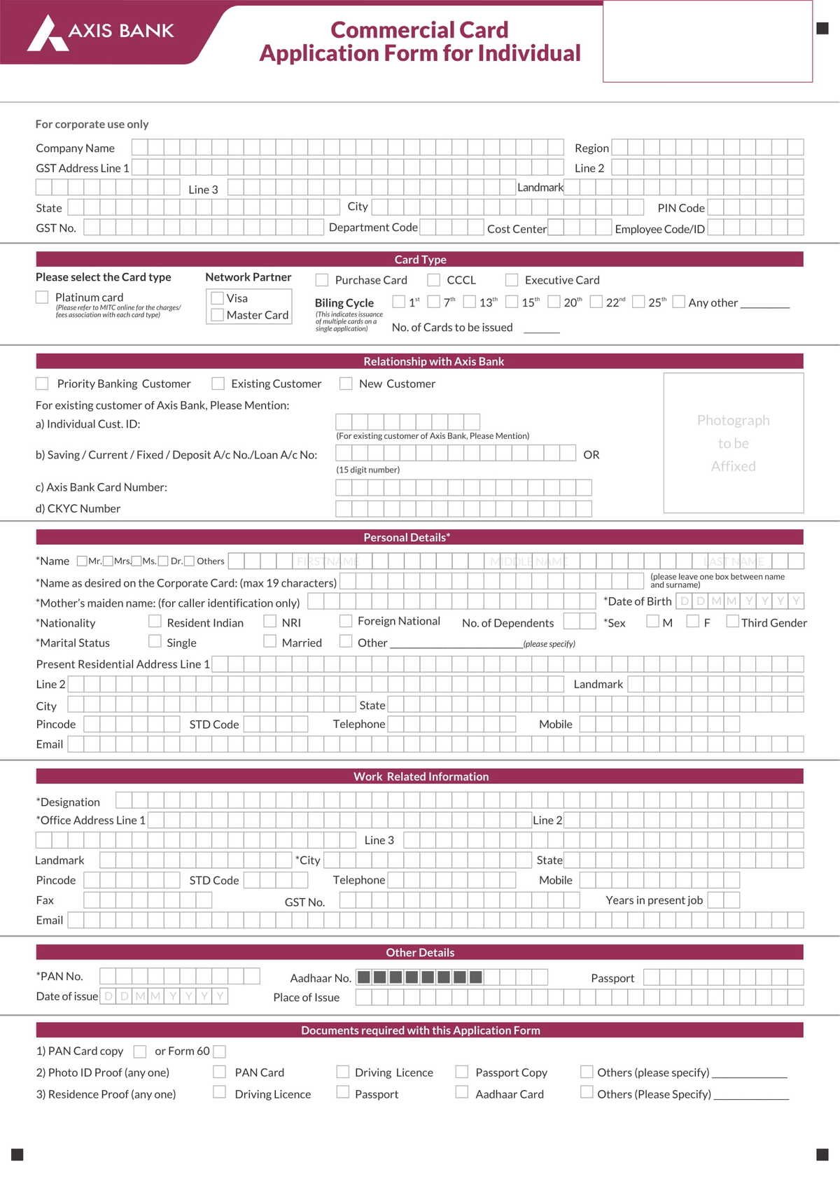 Axis Bank Commercial Card Application Form For Individual Download in PDF-1