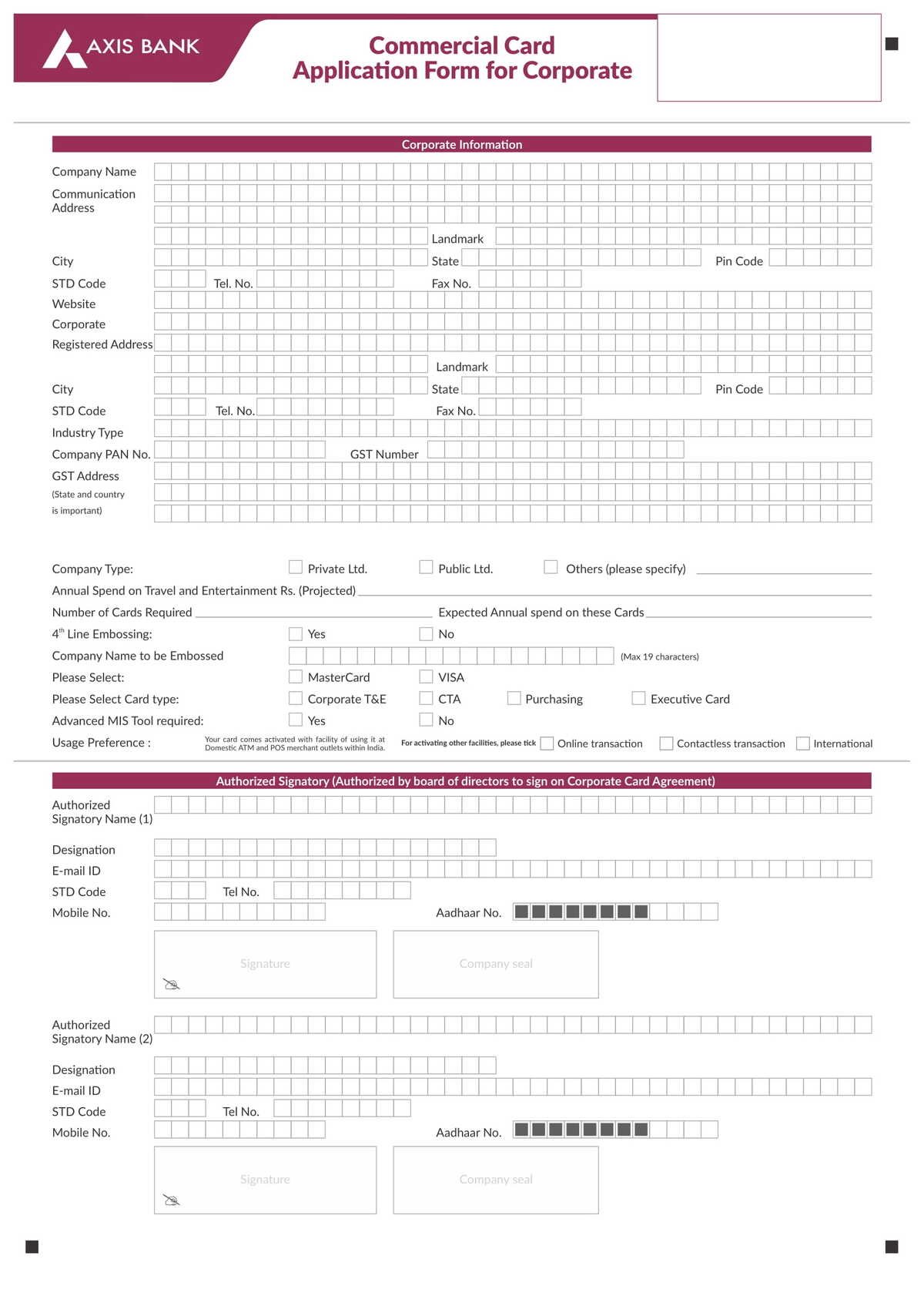 Axis Bank Commercial Corporate Card Form Download in PDF-1