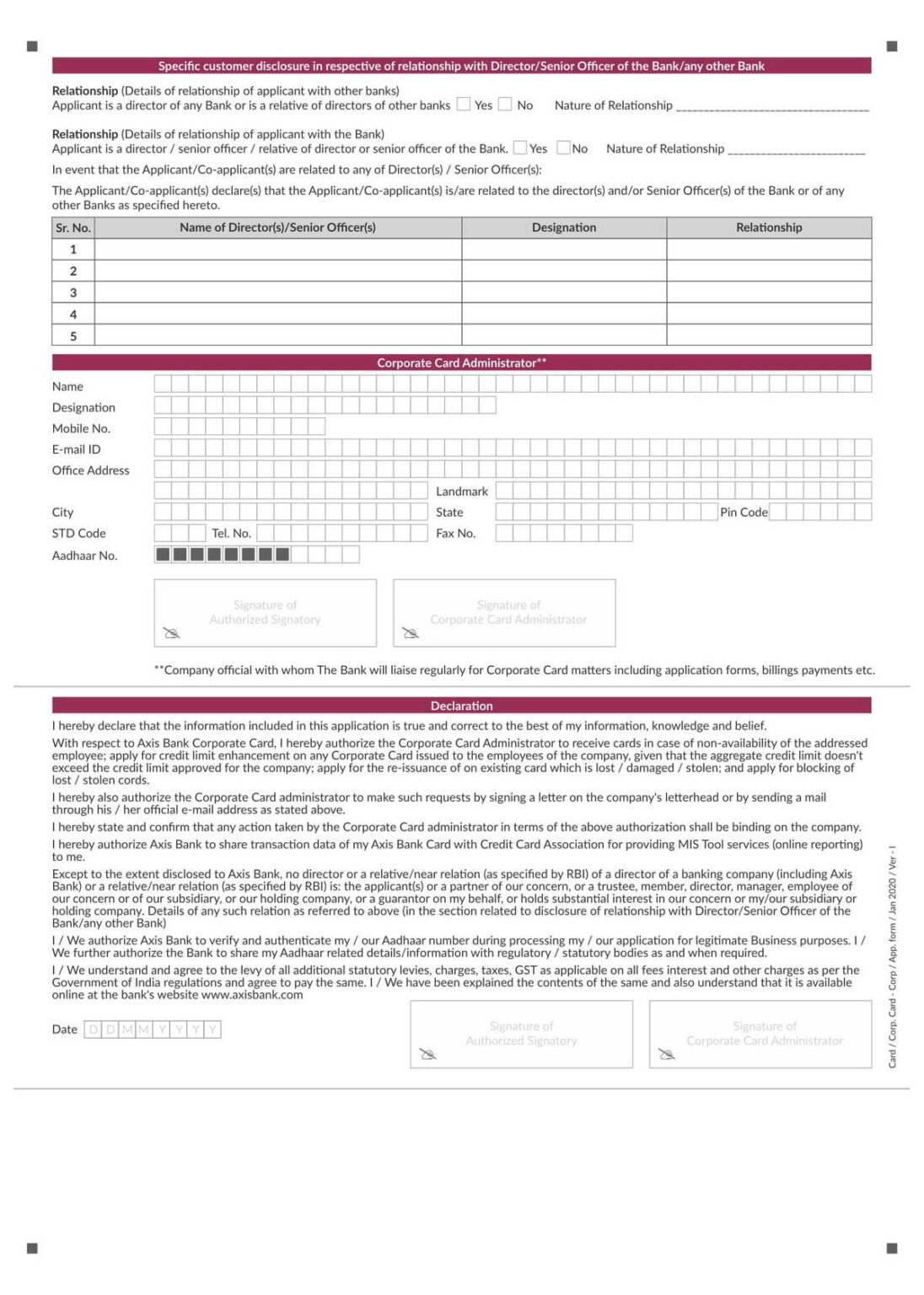 Axis Bank Commercial Corporate Card Application Form Download in PDF
