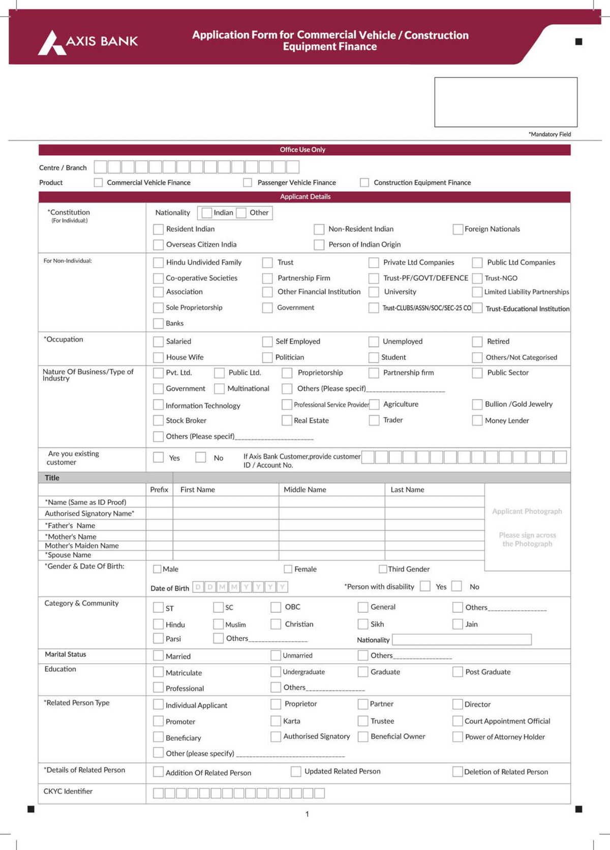 Axis Bank Commercial Vehicle Application Form Download in PDF-01