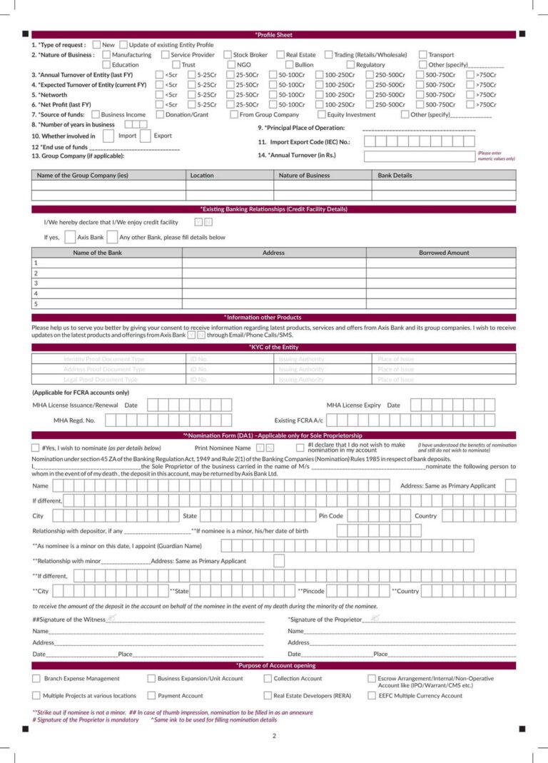 Axis Bank Current and Savings Account Opening Form Download in PDF