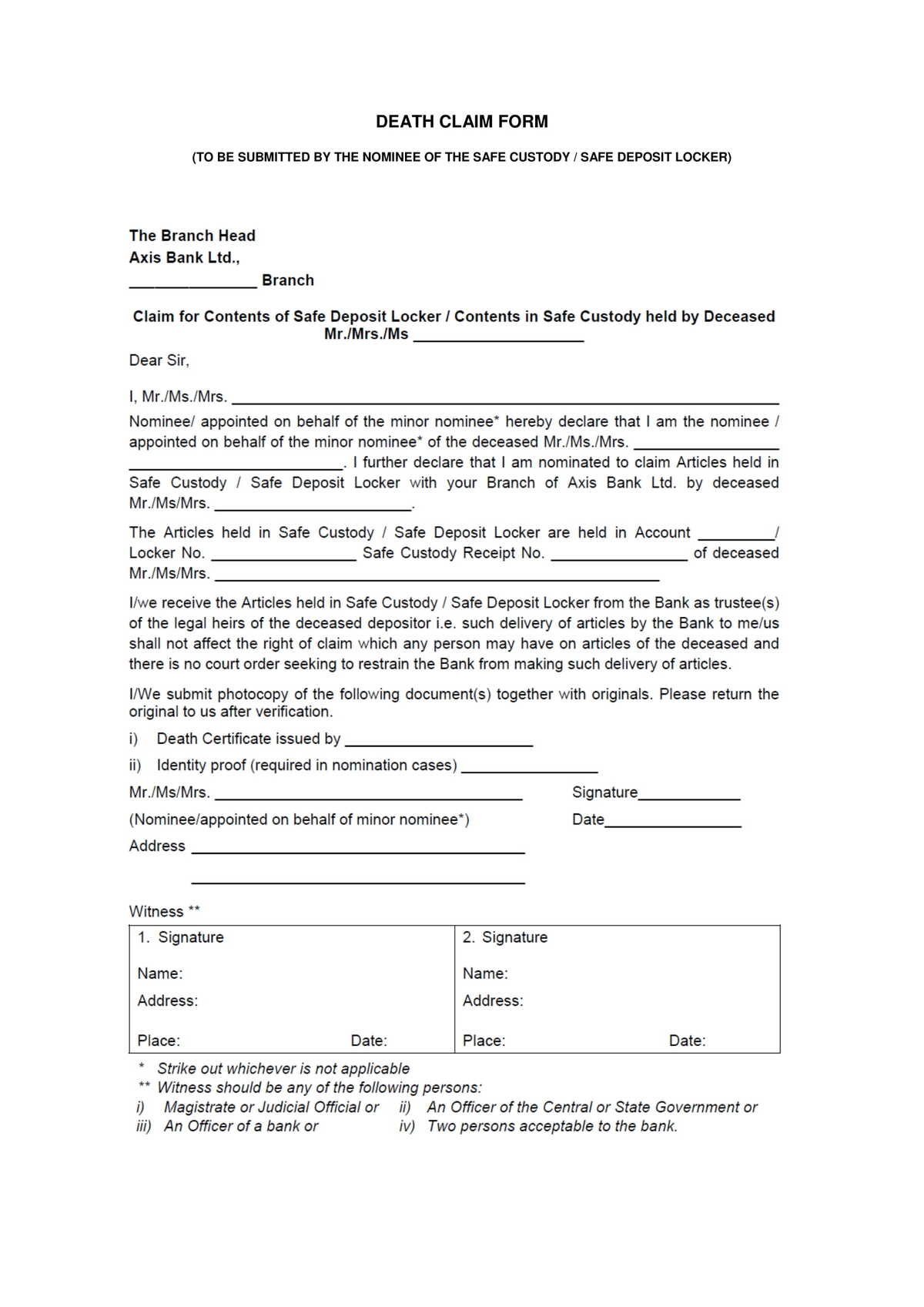 Axis Bank Death Claim Form Nominee Of Safe Deposit Locker Download in PDF-1