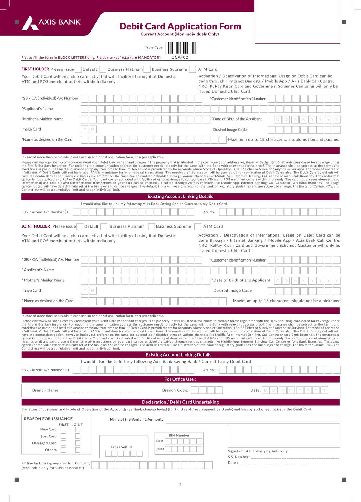 Axis Bank Debit Card Application Form for Current Account Holder Download in PDF-1