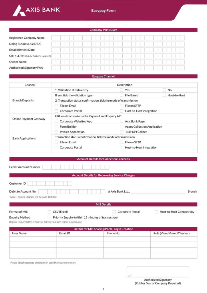 Axis Bank Easypay Application Form Download in PDF