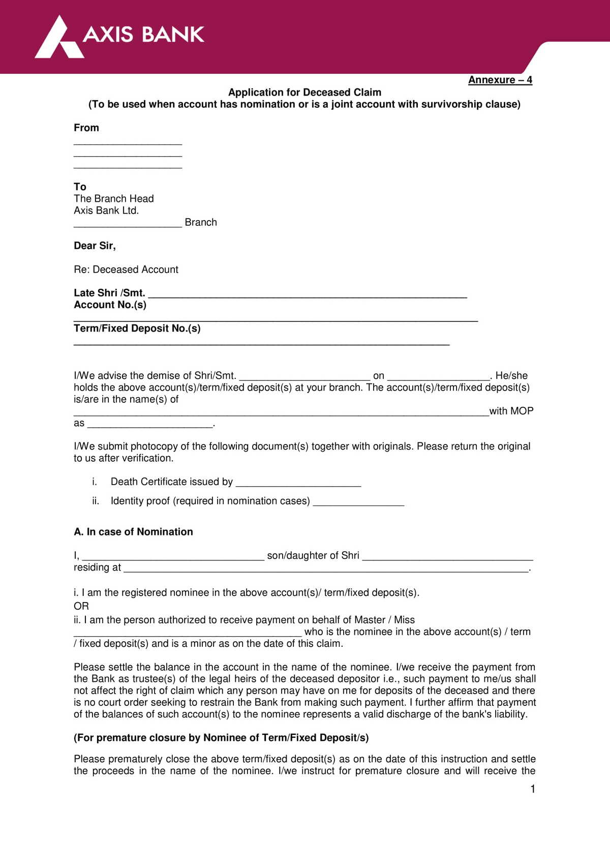 Axis Bank Form For Deceased Claim Settlement With Survivorship Or Nomination Clause Download in PDF-1