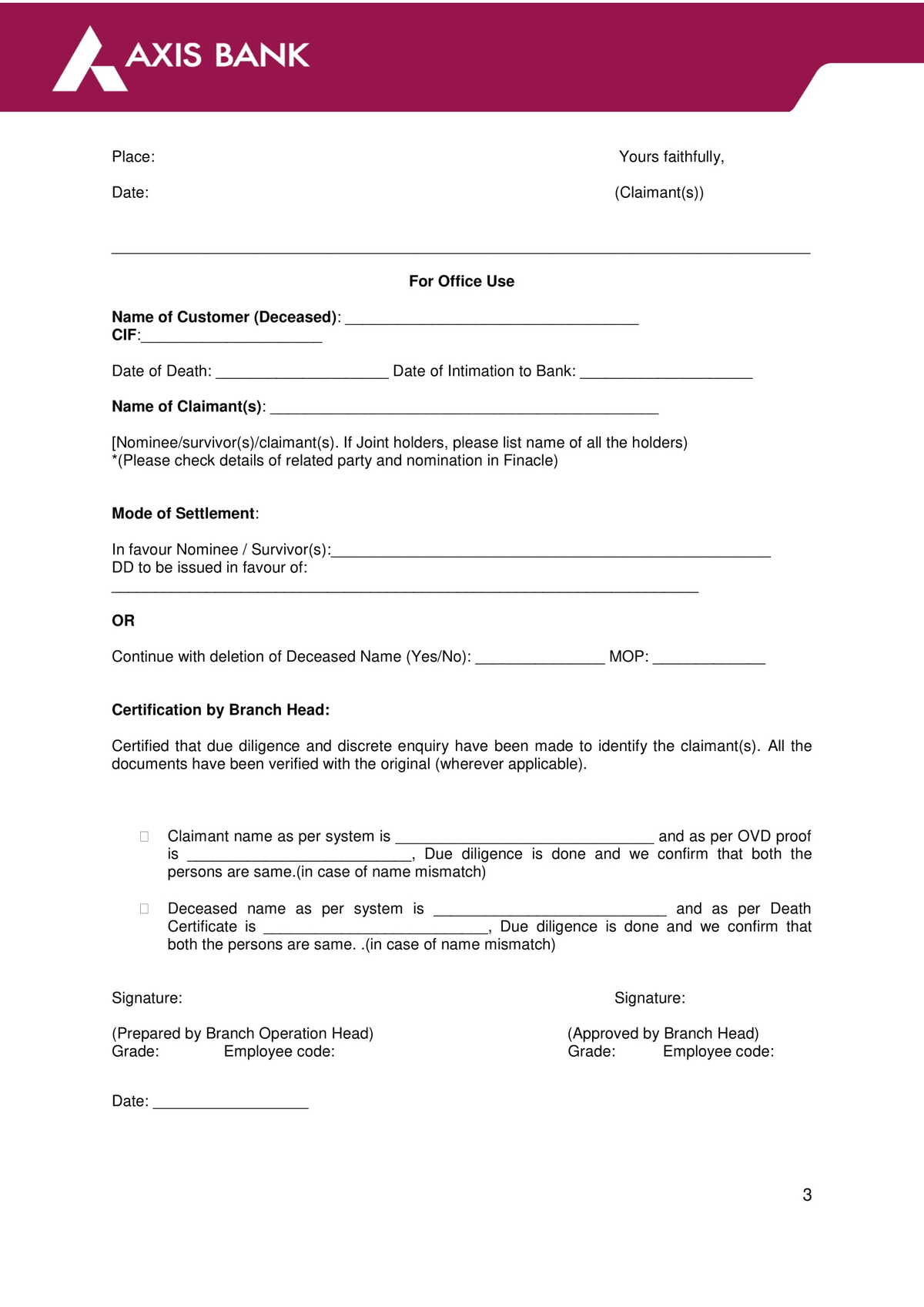 Axis Bank Form For Deceased Claim Settlement With Survivorship Or Nomination Clause Download in PDF-3