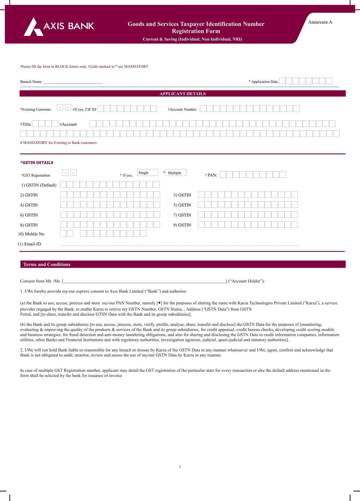 Axis Bank GST Registration Form Download in PDF-1