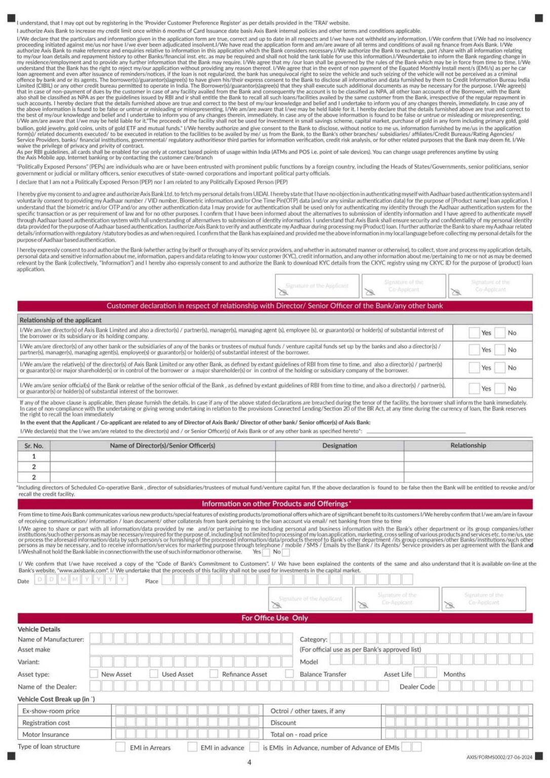 Axis Bank Individual Auto Loan Application Form Download in PDF