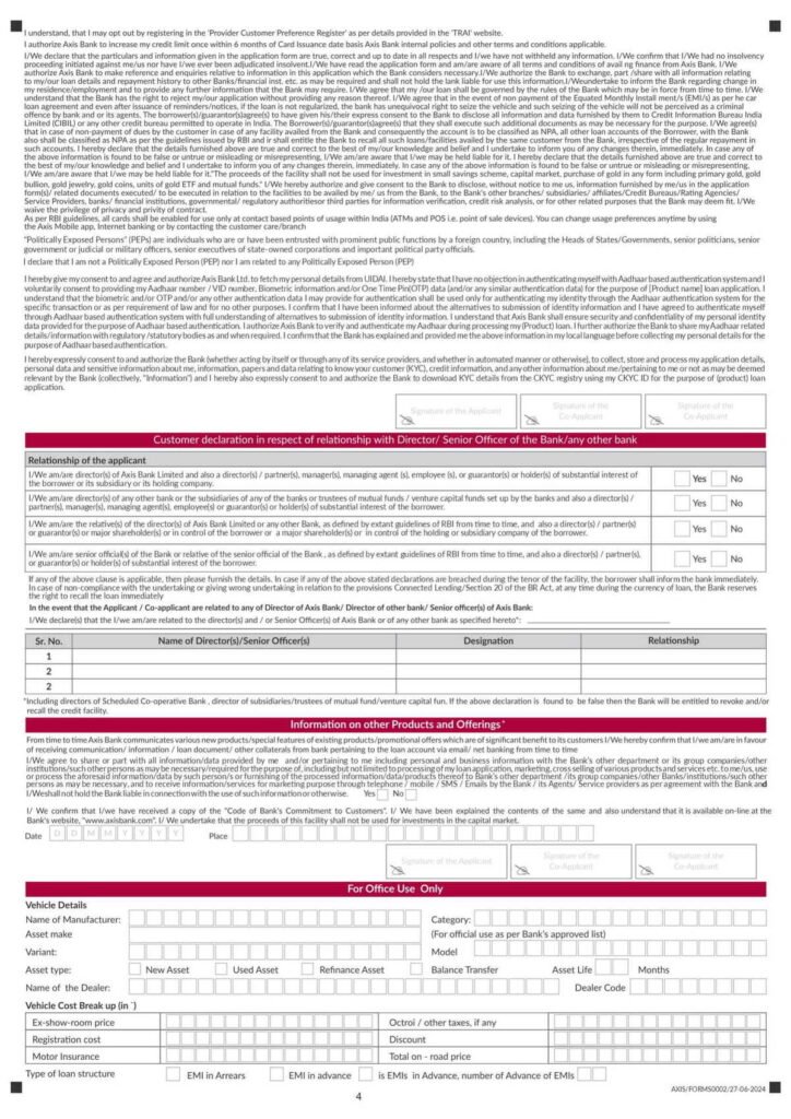 Axis Bank Individual Auto Loan Application Form Download in PDF
