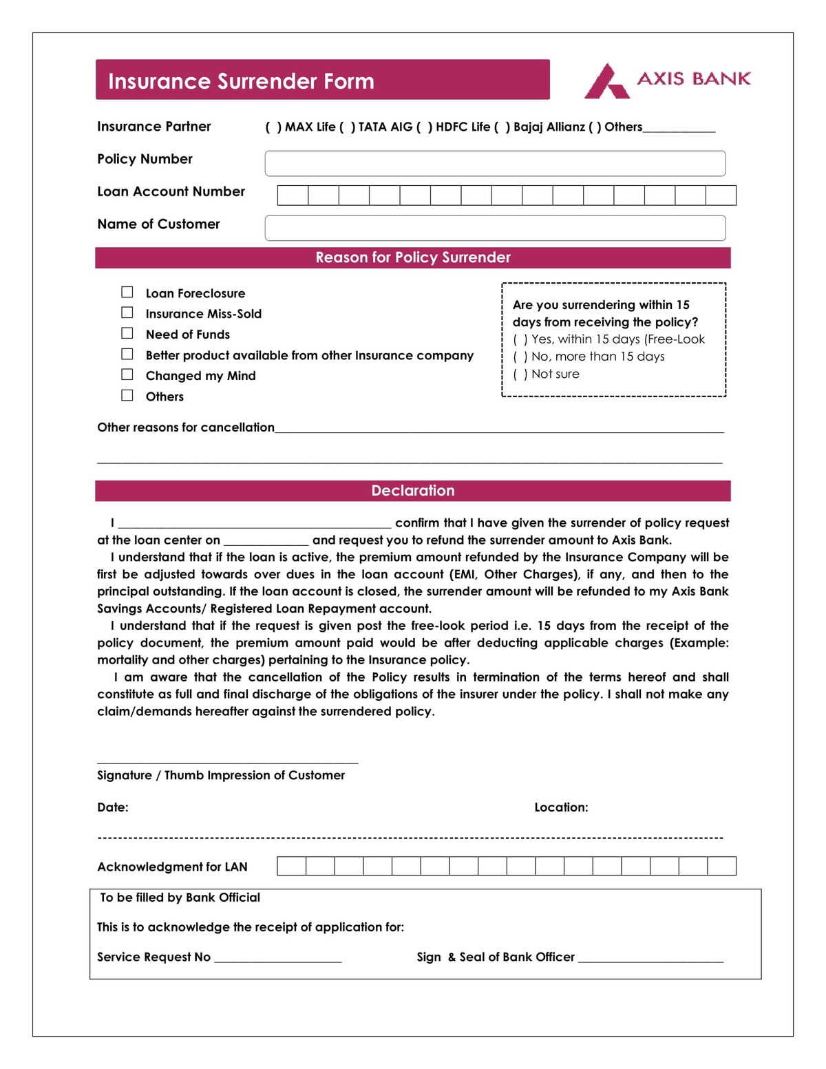 Axis Bank Insurance Cancellation Form Download in PDF-1