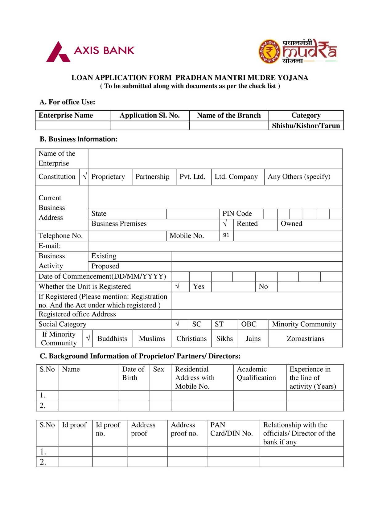 Axis Bank Loan Application Form Pradhan Mantri Mudre Yojana Download in PDF-1