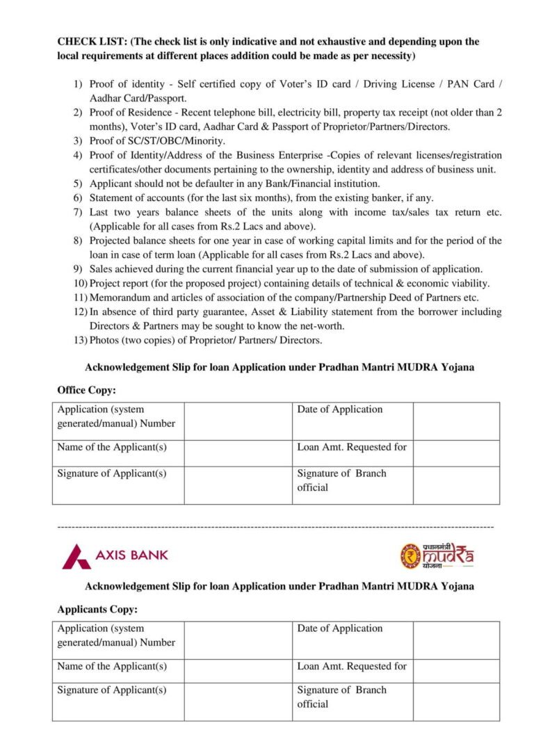 Axis Bank Pradhan Mantri Mudre Yojana Loan Application Form Download in PDF