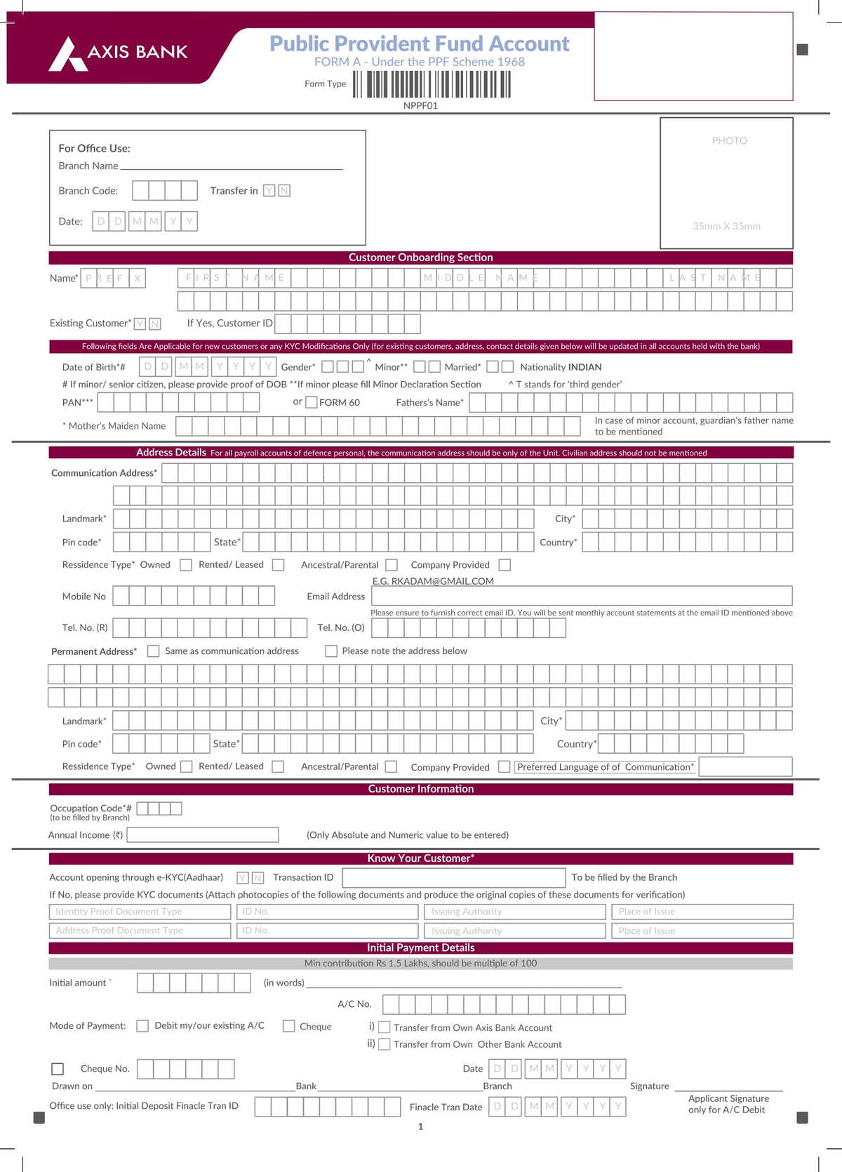 Axis Bank PPF Account Opening Form Download in PDF-1