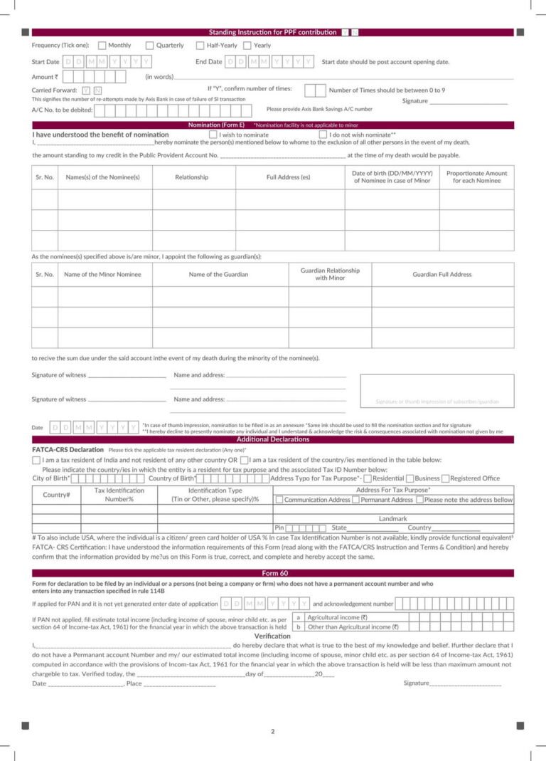 Axis Bank PPF Account Opening Form Download in PDF
