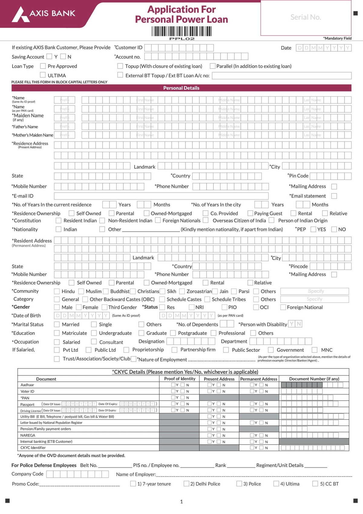 Axis Bank Personal Loan Application Form Download in PDF-1