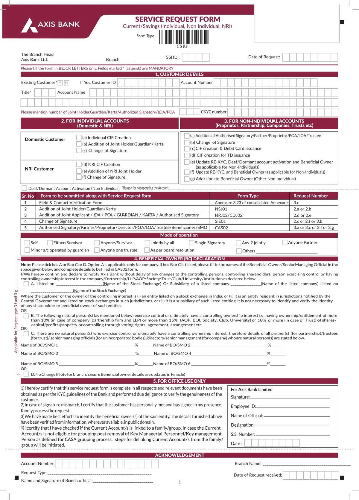 Axis Bank Re-KYC Form For Non Individual Current Savings Account Download in PDF-1