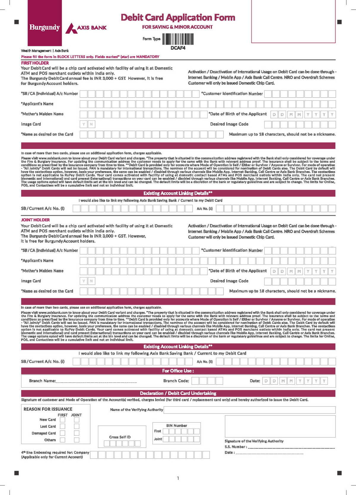 Axis Bank Savings Account Debit Card Application Form Download in PDF-1