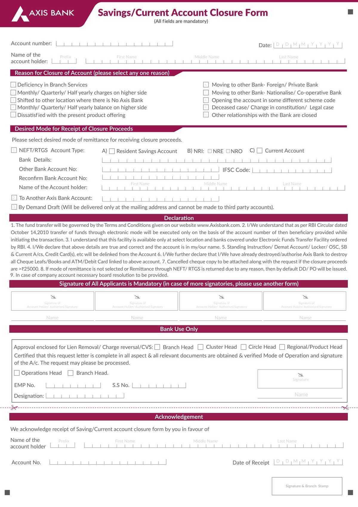 Axis Bank Savings Current Account Closure Form Download in PDF-1