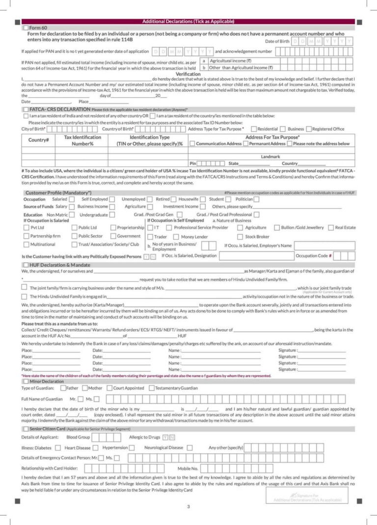 Axis Bank Savings and Current Account Opening Form Download in PDF