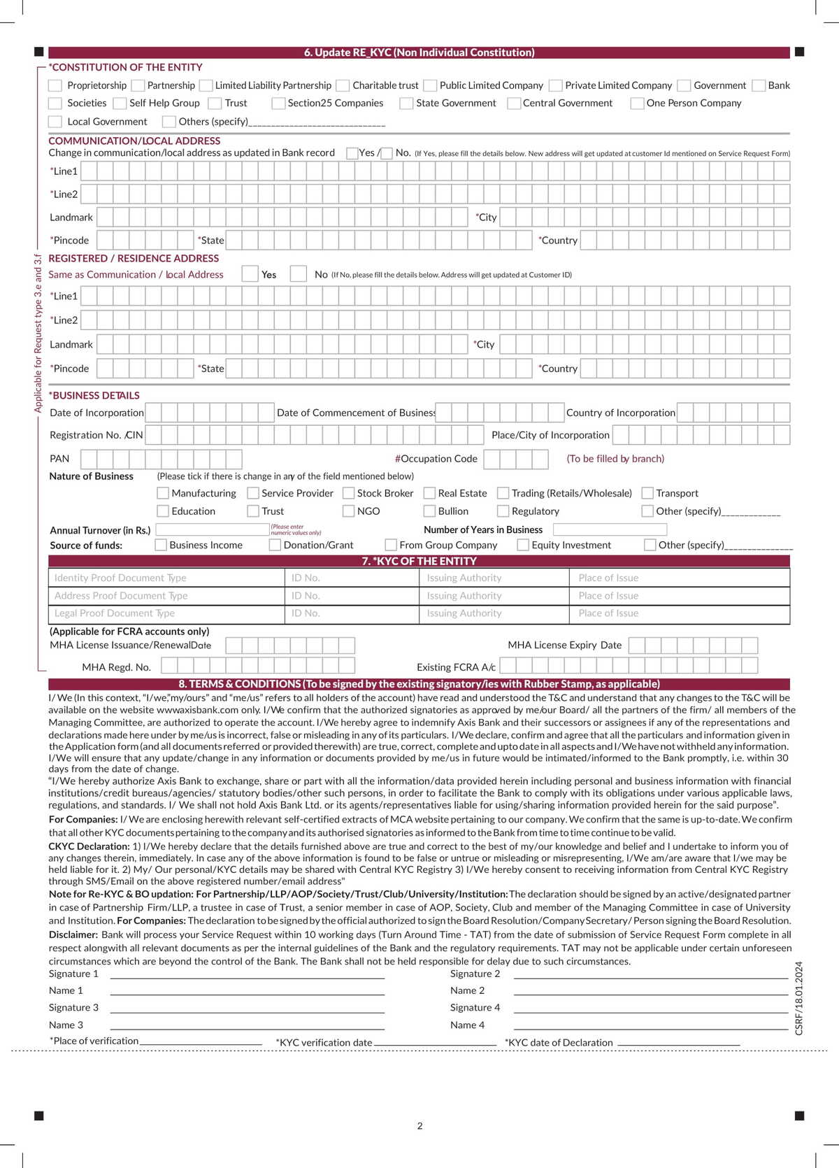 Axis Bank Service Request Form Download in PDF