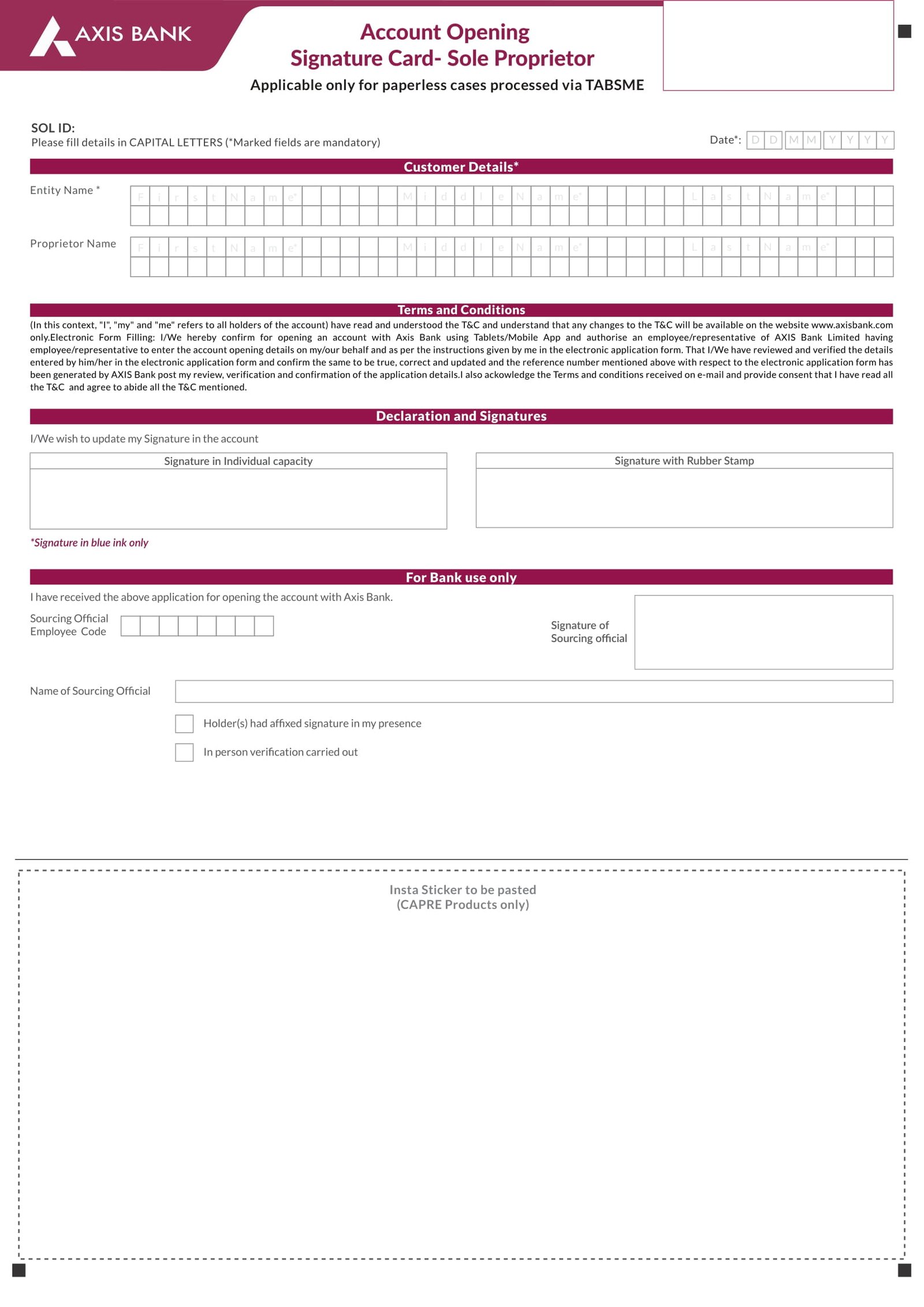 Axis Bank Signature Card For Sole Proprietorship Download in PDF-1