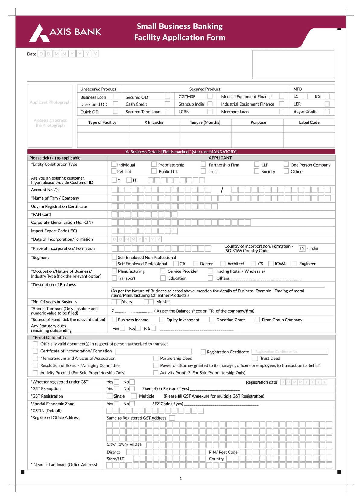 Axis Bank Small Business Banking Application Form Download in PDF-1