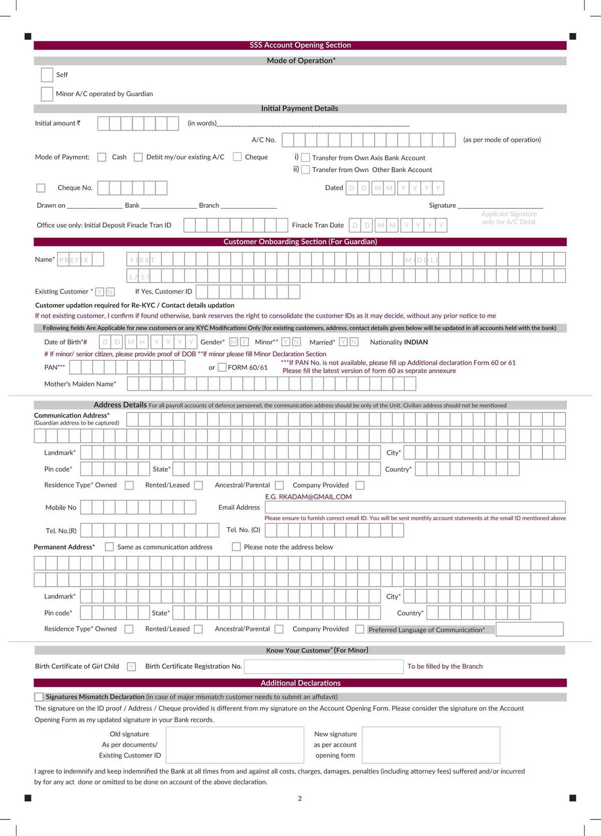 Axis Bank Sukanya Samriddhi Account Opening Form Download in PDF-2