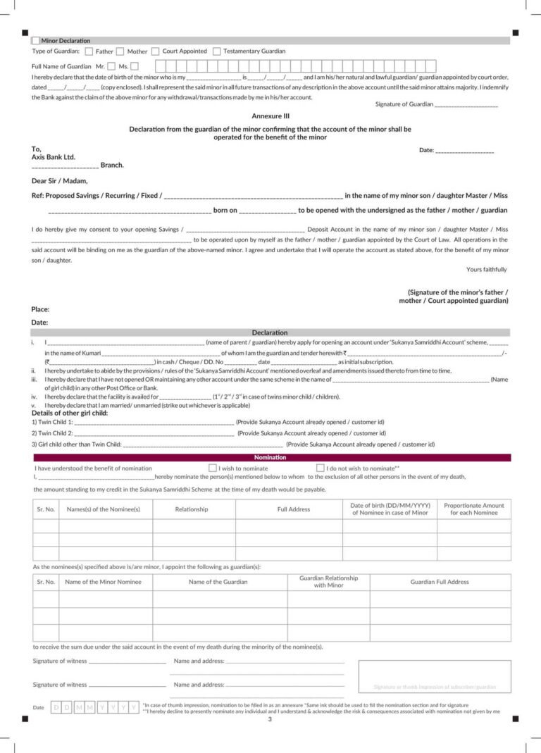 Axis Bank Sukanya Samriddhi Account Opening Form Download in PDF