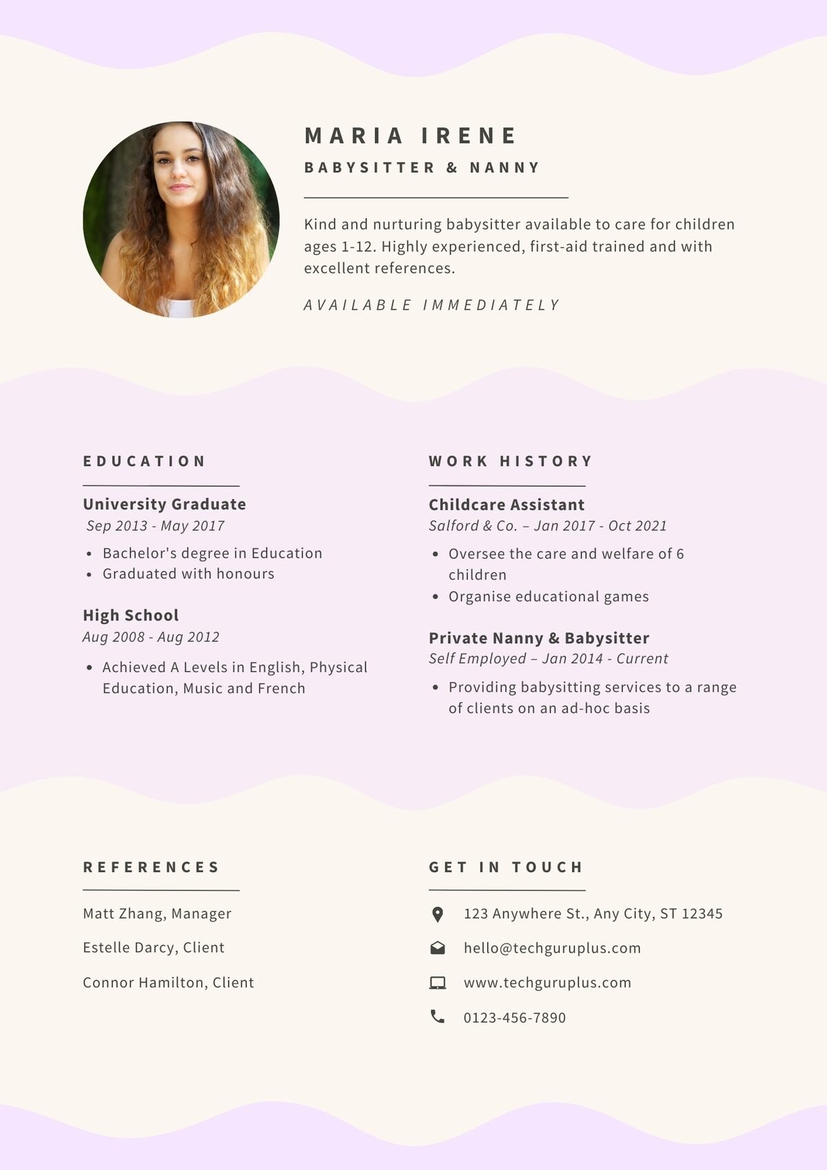 Babysitter & Nanny Editable Resume Templates Download in Docx Format