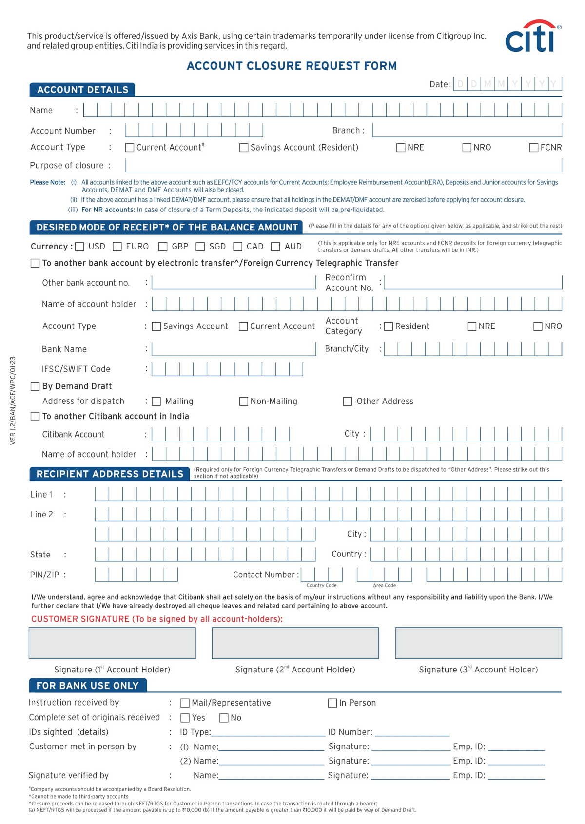 City Bank Account Closure Form Download in PDF