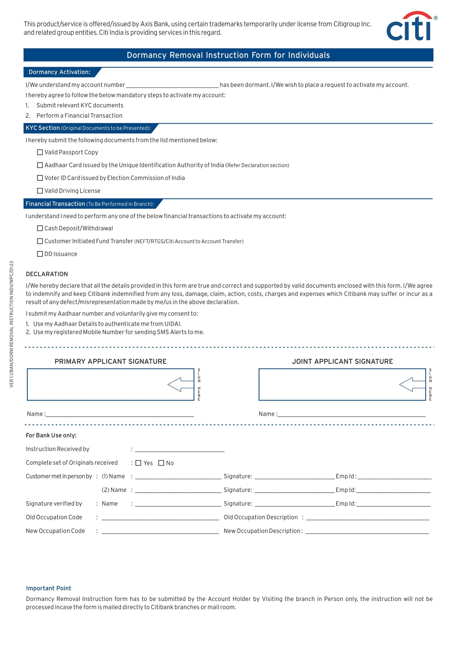 City Bank Dormancy Removal Instruction Form for Individuals Download in PDF-1