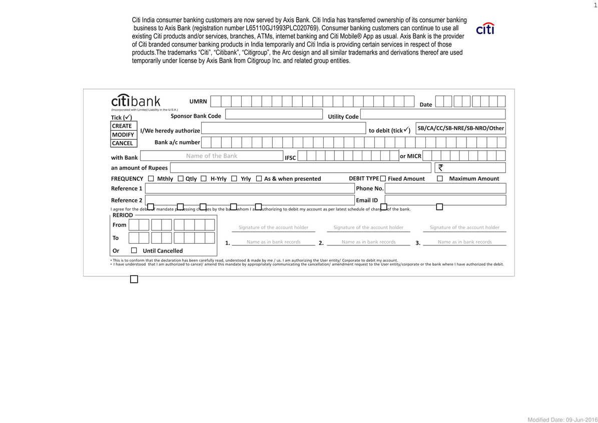 City Bank NACH Mandate Form Download in PDF-1