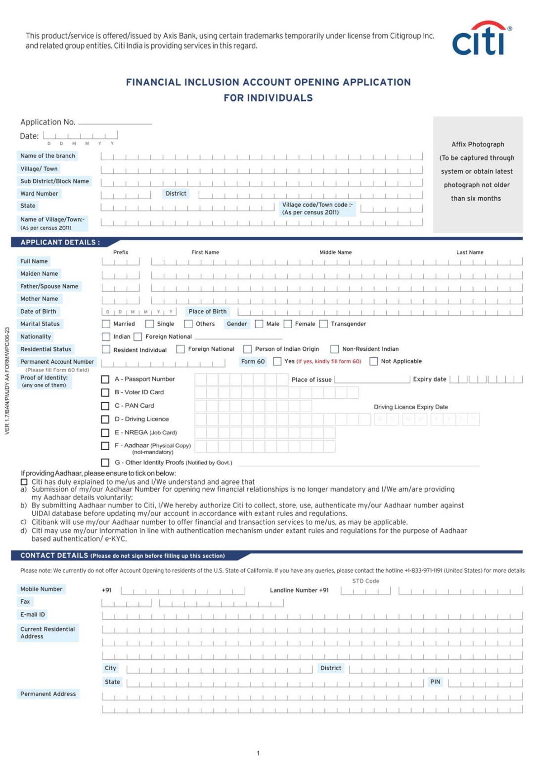 Citi Bank PMJDY Account Opening Form Download in PDF