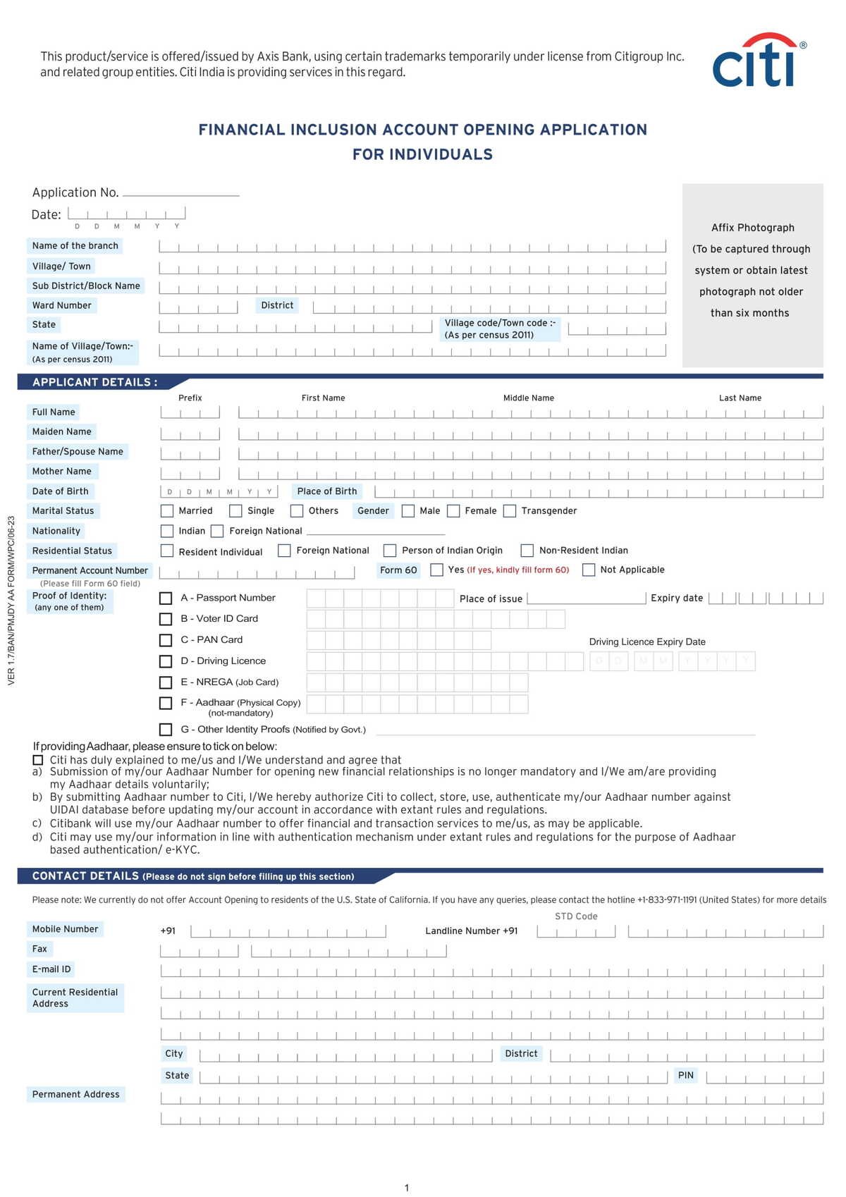 City Bank PMJDY Account Opening Form Download in PDF-1