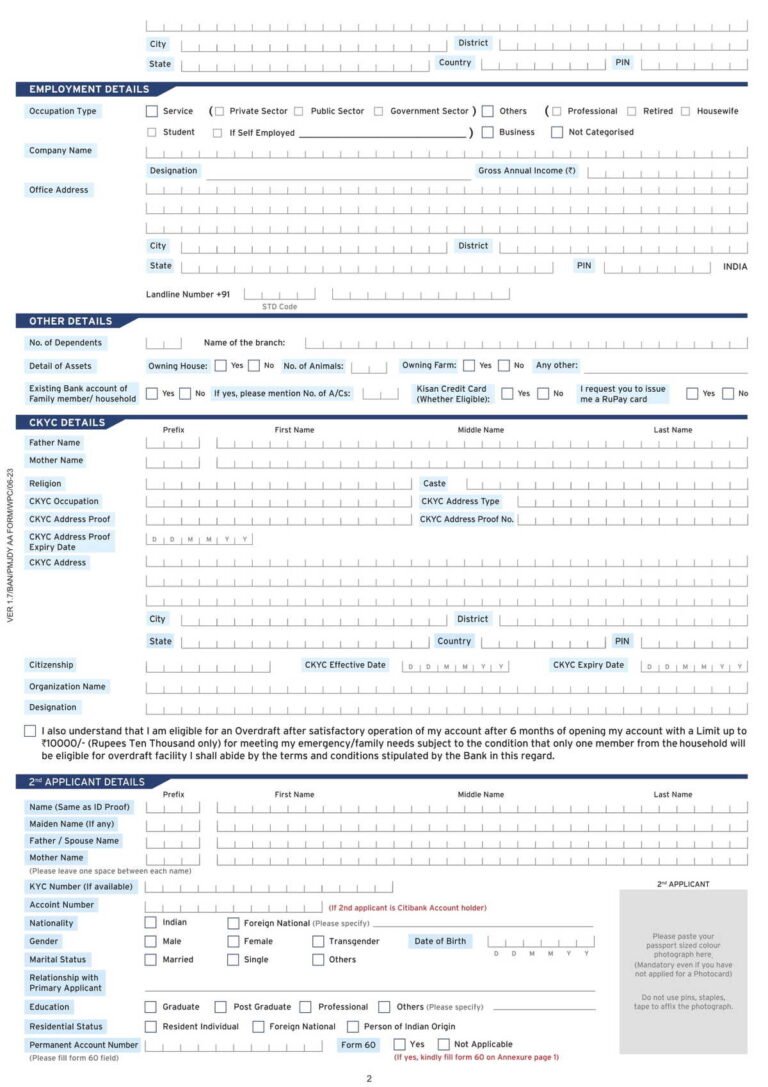 Citi Bank PMJDY Account Opening Form Download in PDF