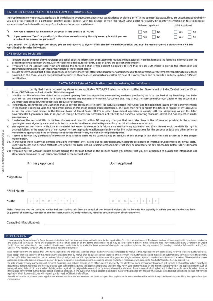 Citi Bank PMJDY Account Opening Form Download in PDF