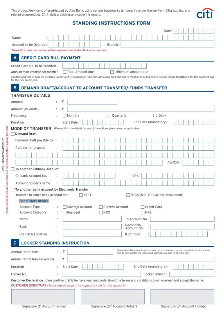Citi Bank Standing Instructions Form Download in PDF