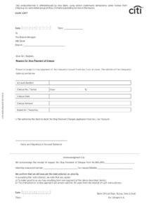 Citi Bank Stop Payment of Cheque Form Download in PDF