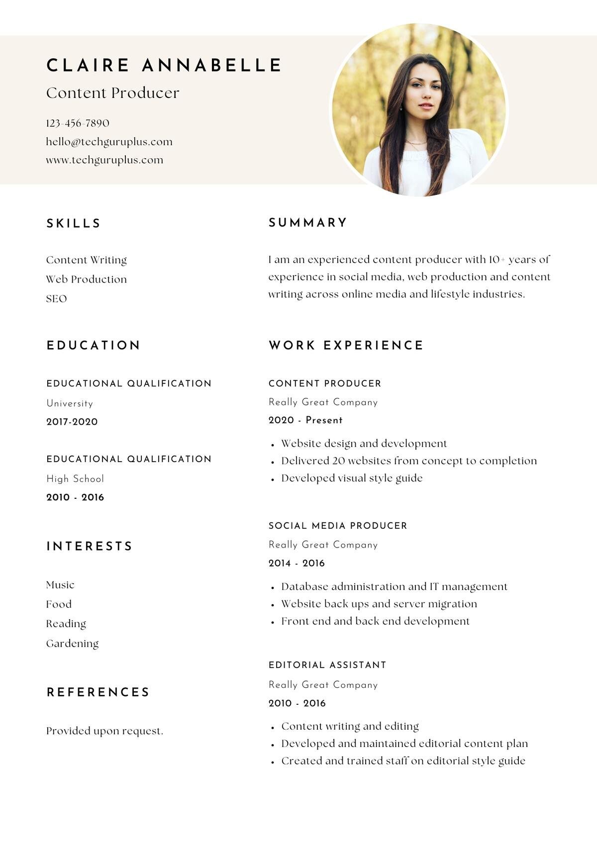 Content Producer Editable Resume Templates Download in Docx Format