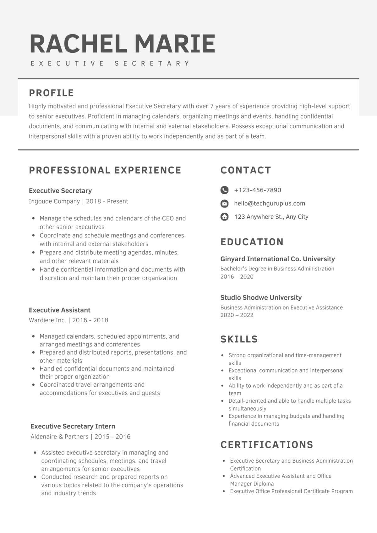 Executive Secretary Editable Resume Template Download in docx-15