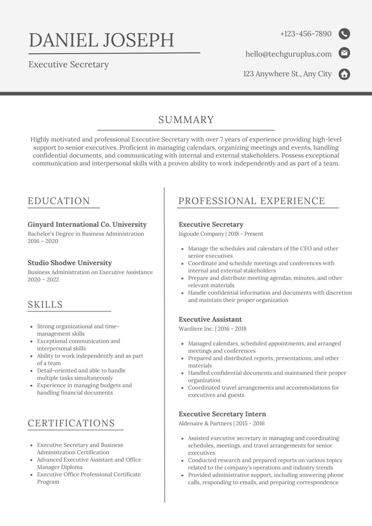 Executive Secretary Editable Resume Template Download in docx-17