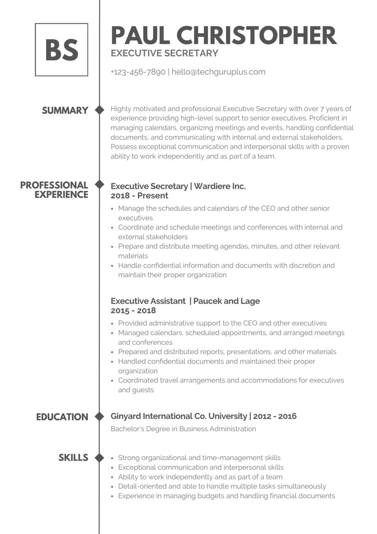 Executive Secretary Editable Resume Template Download in docx-7