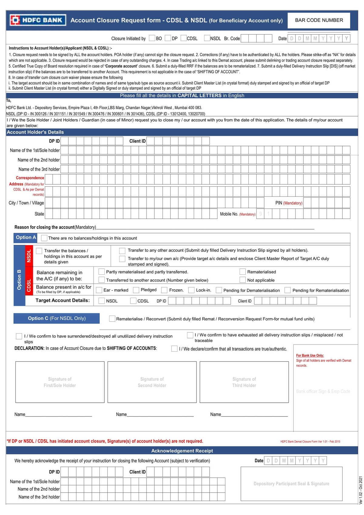 HDFC Bank Account Closure Request Form - CDSL & NSDL