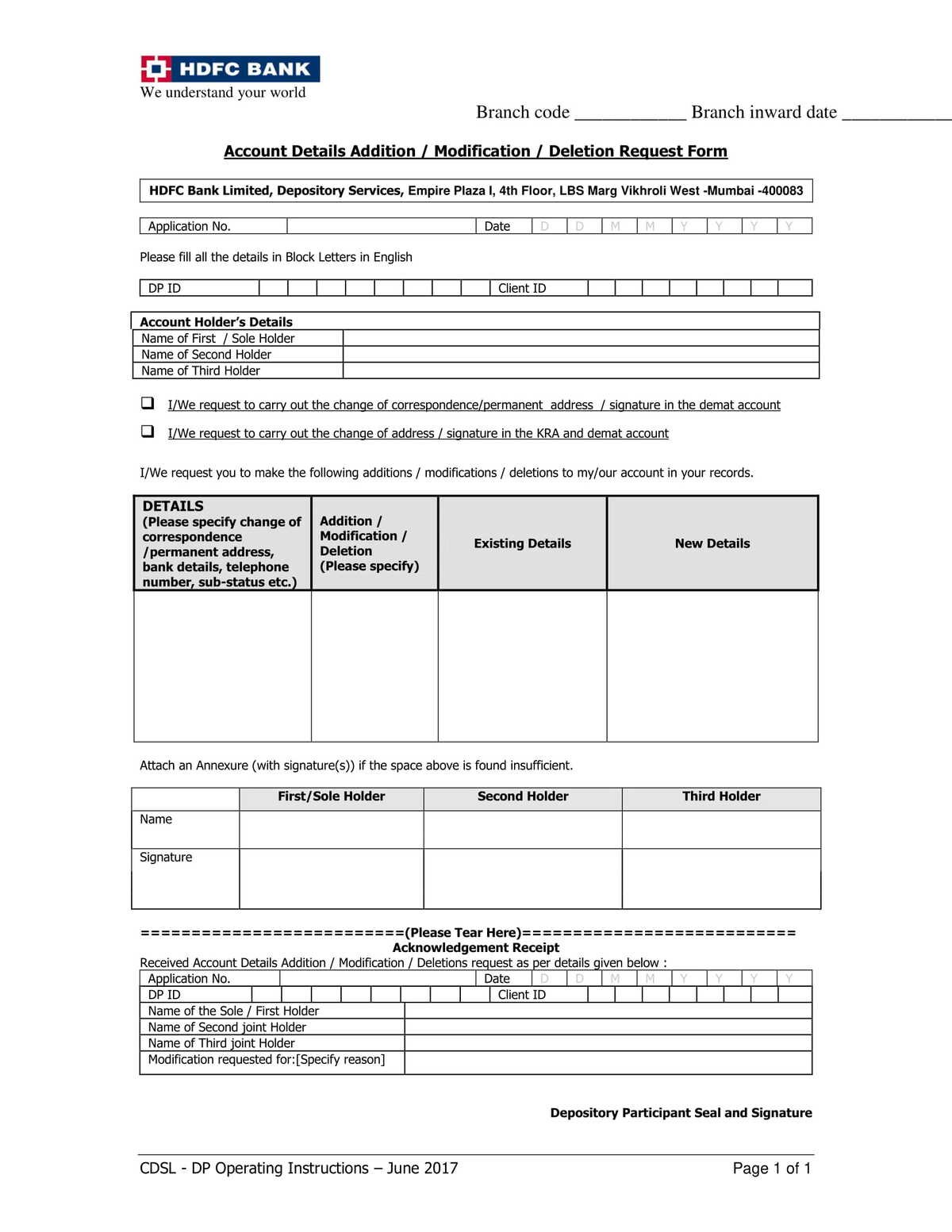 HDFC Bank Account Detail Addition or Modification or Deletion Request Form