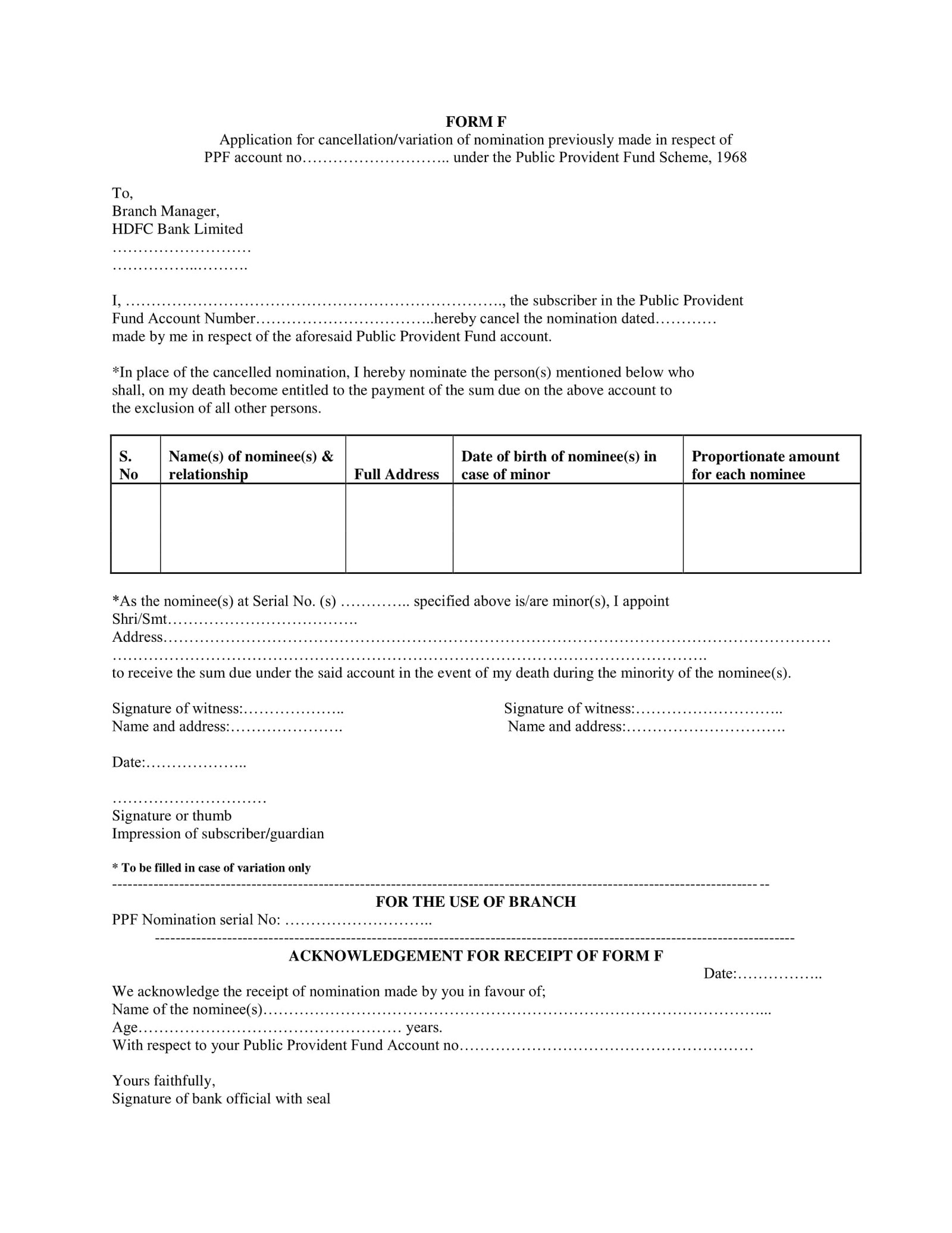 HDFC Bank Application Form For CancellationVariation of Nomination for PPF