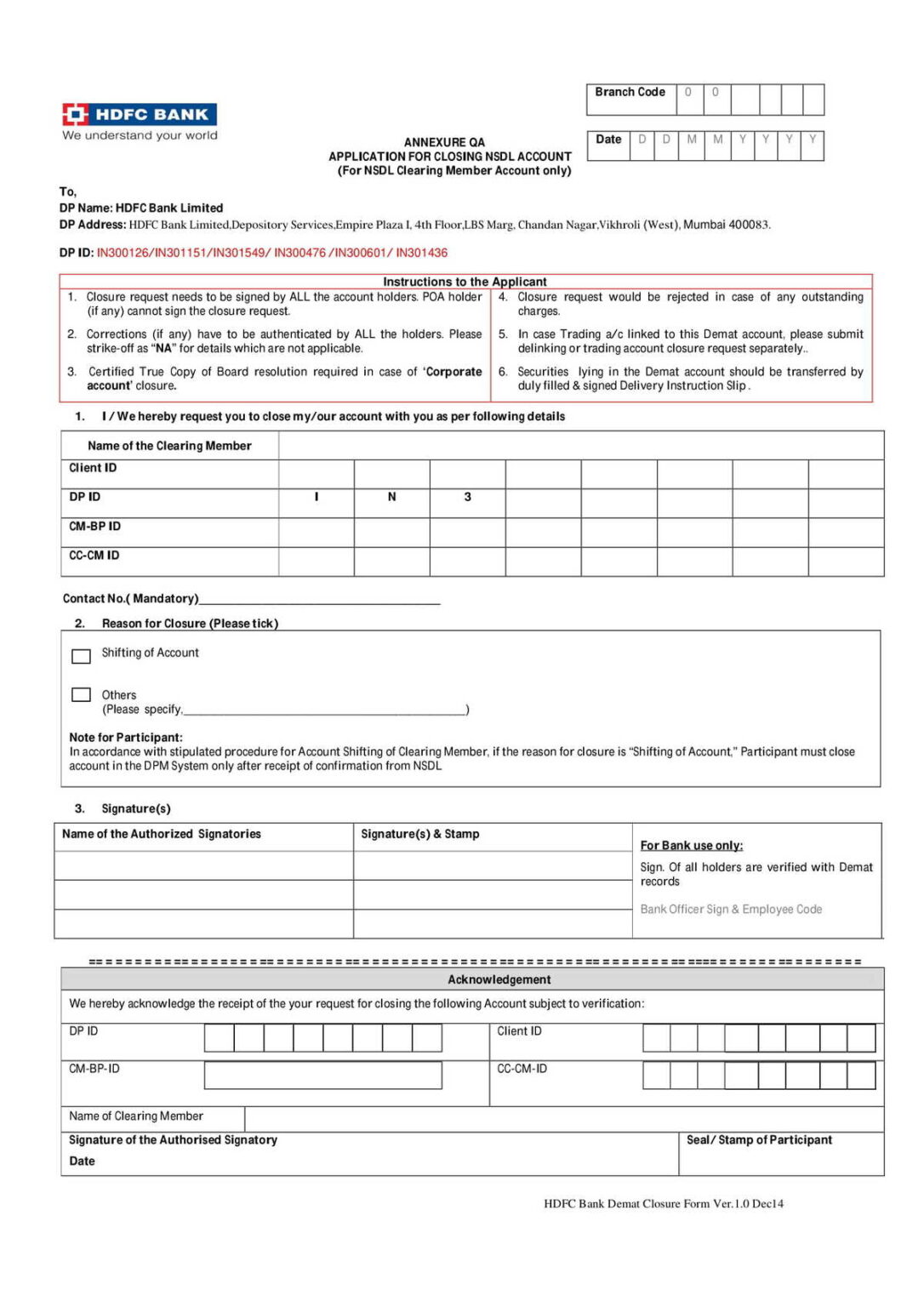 HDFC Bank Customer Request Form for Opening/Conversion to a Collection ...