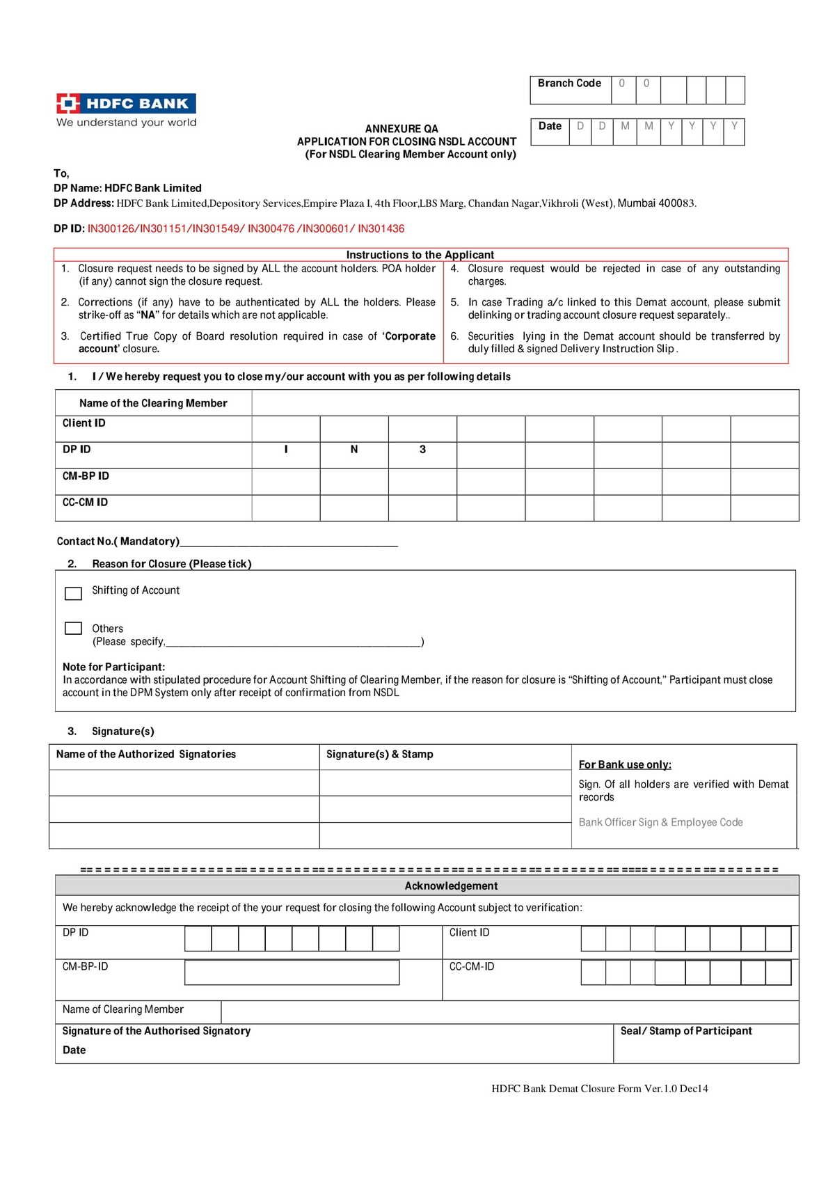 HDFC Bank Application Form for Closing NSDL Account